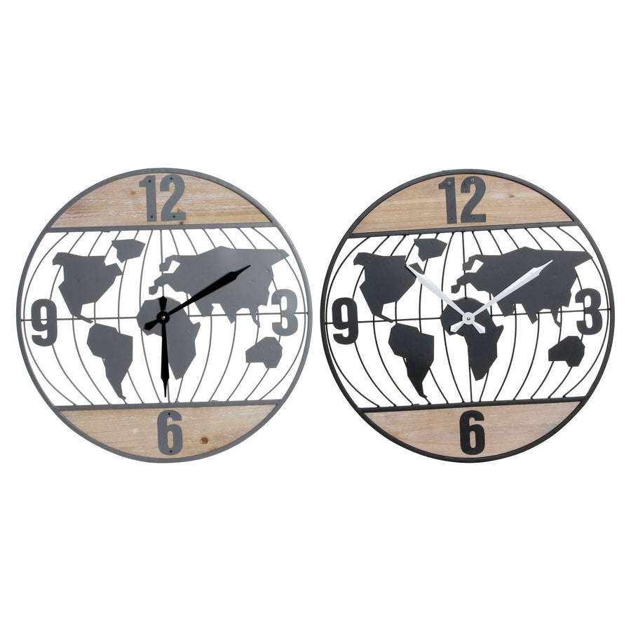 Wanduhr DKD Home Decor Schwarz Grau Eisen Holz MDF Weltkarte (2 pcs) (60 x 4.5 x 60 cm)