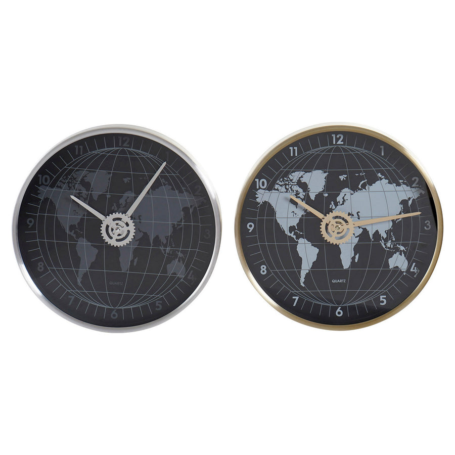 Wanduhr DKD Home Decor Schwarz Aluminium Kristall Golden Silberfarben Weltkarte (2 pcs) (30 x 4.3 x 30 cm)